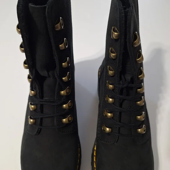 💎NWOB Dr. Martens "Leona" Black Suede Combat Heeled Boots - Picture 6 of 16